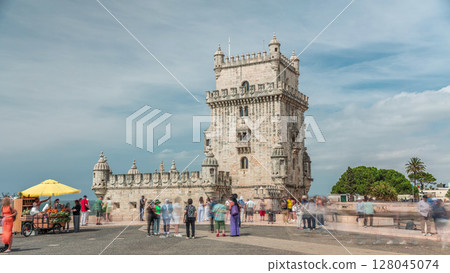 Torre de Belem or Belem Tower timelapse hyperlapse on the Rio Tejo in Belem district of the City of Lisbon in Portugal. 128045074
