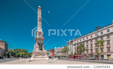 Restauradores Square in Lisbon timelapse hyperlapse. Monument to the Restorers and historical houses around 128045083