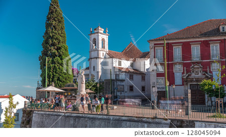 Sculpture of Sao Vicente timelapse hyperlapse, Lisbon's Patron Saint at Largo De Santa Luzia with church. Lisbon, Portugal 128045094
