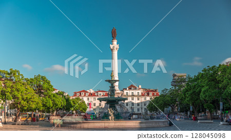 Timelapse hyperlapse of Rossio Square with wavy cobblestones, fountain and Pedro IV monument. Lisbon, Portugal Timelapse hyperlapse of Rossio Square with wavy cobblestones, fountain and Pedro IV monument. Lisbon, Portugal 128045098