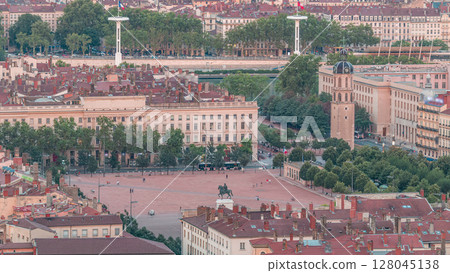 Aerial timelapse of Place Bellecour from Fourviere Hill in Lyon, France, the largest pedestrian square in Europe. 128045138