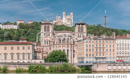 Hyperlapse of Saint John the Baptist Cathedral and Basilica of Notre-Dame de Fourviere in Lyon. France 128045143