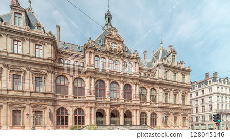 Hyperlapse of Palais de la Bourse or Palais du Commerce front view in the Les Cordeliers quarter, Lyon, France. 128045146