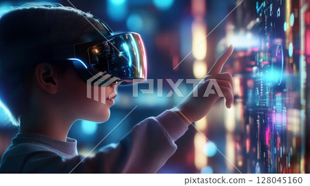 child with vr glasses touch a robot technology concept 128045160