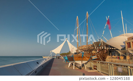 Ship near Kuwait scientific center at sunset time timelapse hyperlapse 128045188