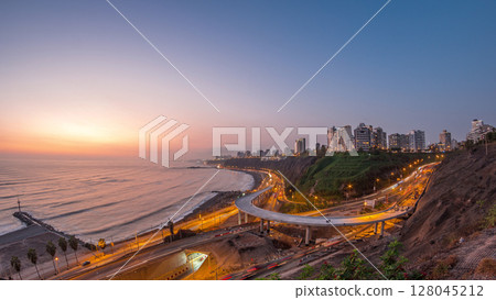 Aerial view of Lima's Coastline in the neighborhood of Miraflores day to night timelapse, Lima, Peru 128045212