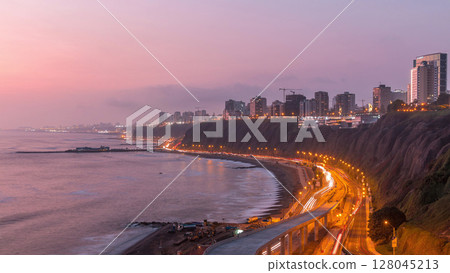 Aerial view of Lima's Coastline in the neighborhood of Miraflores day to night timelapse, Lima, Peru 128045213
