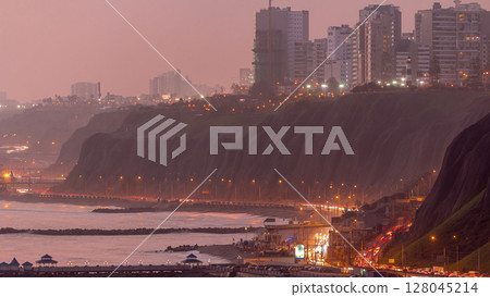 Aerial view of Lima's Coastline in the neighborhood of Miraflores day to night timelapse, Lima, Peru 128045214