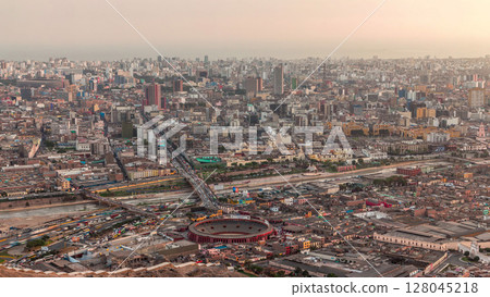 Aerial view of Lima skyline timelapse from San Cristobal hill. 128045218