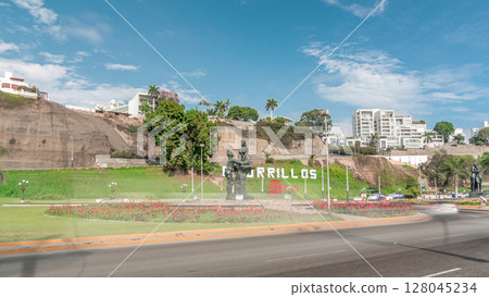 Statues in Chorrillos park timelapse hyperlapse view from the beach in Lima, Peru 128045234