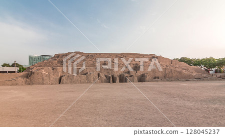 Pyramid of Huaca Pucllana timelapse hyperlapse, pre Inca culture ceremonial building ruins in Lima, Peru 128045237