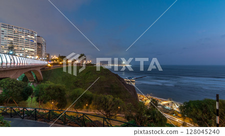 Villena Bridge with traffic and partial City view in the Background day to night timelapse, Lima, Peru. 128045240