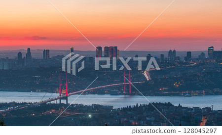 Istanbul city skyline cityscape time lapse from day to night view of bosphorus bridge and financial business center 128045297