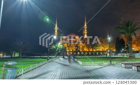 Blue Mosque timelapse hyperlapse at night with golden illumination, Istanbul 128045300