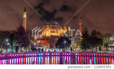 Hagia Sophia timelapse hyperlapse with a fountain at night, Istanbul, Turkey 128045301