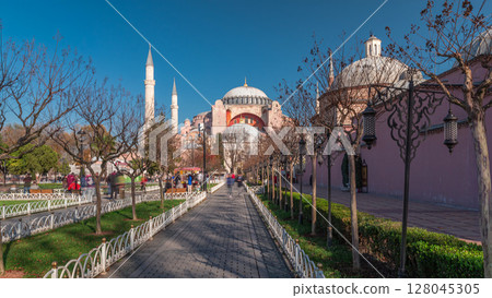 Hagia Sophia timelapse hyperlapse with trees in park, Istanbul, Turkey 128045305