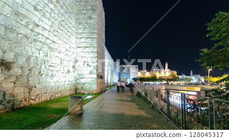 Walls of Ancient City at Night timelapse hyperlapse, Jerusalem, Israel 128045317