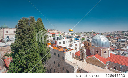 Skyline of the Old City in Jerusalem with historic buildings aerial timelapse hyperlapse, Israel. Skyline of the Old City in Jerusalem with historic buildings aerial timelapse hyperlapse, Israel. 128045330
