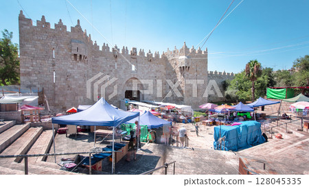 Damascus Gate or Shechem Gate timelapse hyperlapse, one of the gates to the Old City of Jerusalem, Israel 128045335