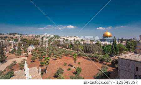 Garden area timelapse hyperlapse and view of the Dome of the Rock, in the historical center of the city Garden area timelapse hyperlapse and view of the Dome of the Rock, in the historical center of the city 128045357