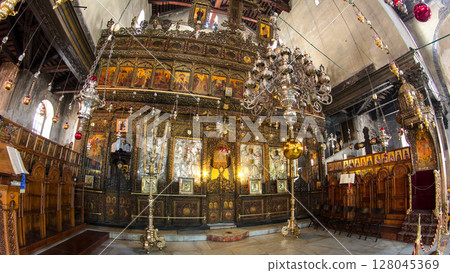 Church of the Nativity interior with hall colonnade in Bethlehem timelapse hyperlapse. Church of the Nativity interior with hall colonnade in Bethlehem timelapse hyperlapse. 128045369