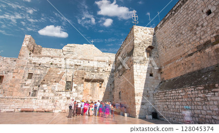 The Church of the Nativity of Jesus Christ timelapse hyperlapse. Palestin. The city of Bethlehem. 128045374