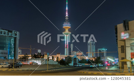 The Liberation Tower timelapse hyperlapse in Kuwait City illuminated at night. Kuwait, Middle East 128045381
