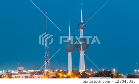 The Kuwait Towers day to night timelapse - the best known landmark of Kuwait City. Kuwait, Middle East 128045383