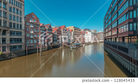 Panorama showing Kleines Dock along the northern Elbe Canal aerial timelapse in Hamburg, Germany. Panorama showing Kleines Dock along the northern Elbe Canal aerial timelapse in Hamburg, Germany. 128045433