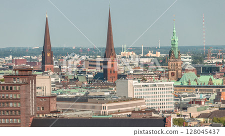 Aerial timelapse of Hamburg's historic city center skyline with iconic towers and spires. Germany Aerial timelapse of Hamburg's historic city center skyline with iconic towers and spires. Germany 128045437