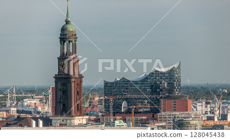 Aerial timelapse of Hamburg's historic city center skyline with iconic towers and spires. Germany 128045438