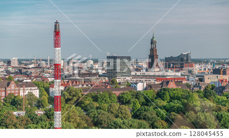 Aerial timelapse of Hamburg's historic city center skyline with iconic towers and spires. Germany Aerial timelapse of Hamburg's historic city center skyline with iconic towers and spires. Germany 128045455