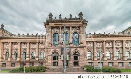 Hyperlapse of Hanover's Lower Saxony State Museum with passing traffic and people in front of its historic facade. Germany Hyperlapse of Hanover's Lower Saxony State Museum with passing traffic and people in front of its historic facade. Germany 128045458