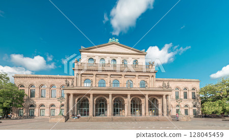 Hyperlapse of Hanover State Opera or Staatsoper Hannover front view. Germany Hyperlapse of Hanover State Opera or Staatsoper Hannover front view. Germany 128045459