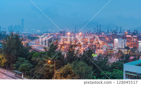 Hong Kong Skyline and Container Terminal day to night aerial timelapse 128045517