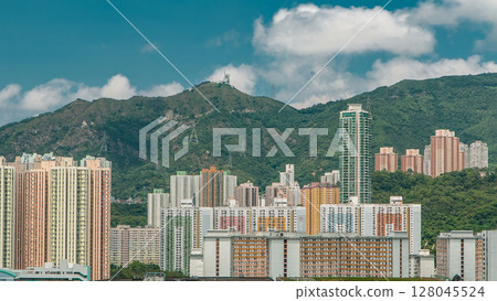 Top view of buildings at day in finance urban timelapse, hong kong city 128045524