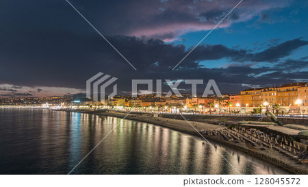 Waterfront of Nice city and Mediterranean Sea day to night timelapse 128045572