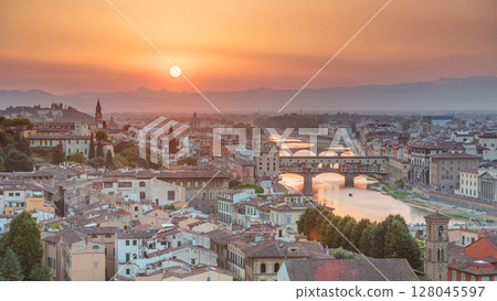 Skyline view of Arno River timelapse. Ponte Vecchio from Piazzale Michelangelo at Sunset, Florence, Italy. Skyline view of Arno River timelapse. Ponte Vecchio from Piazzale Michelangelo at Sunset, Florence, Italy. 128045597