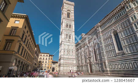 Giotto's Campanile tower timelapse hyperlapse - bell tower of the Basilica di Santa Maria del Fiore. Florence, Italy. 128045607