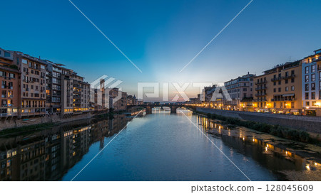 Ponte Santa Trinita Holy Trinity Bridge day to night timelapse over River Arno in Florence 128045609