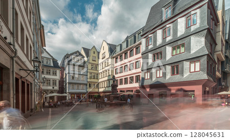 Hyperlapse of Frankfurt reconstructed Neue Altstadt New Old Town. Germany Hyperlapse of Frankfurt reconstructed Neue Altstadt New Old Town. Germany 128045631