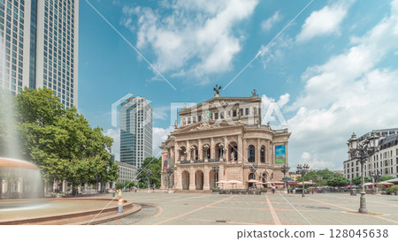 Hyperlapse of the Alte Oper or Old Opera house in Frankfurt, a concert hall in Opernplatz. Germany 128045638