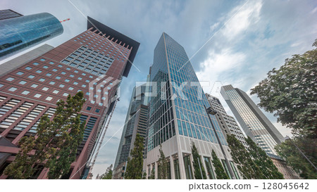 Hyperlapse looking up perspective at glass skyscrapers in Frankfurt's Innenstadt district. Germany 128045642