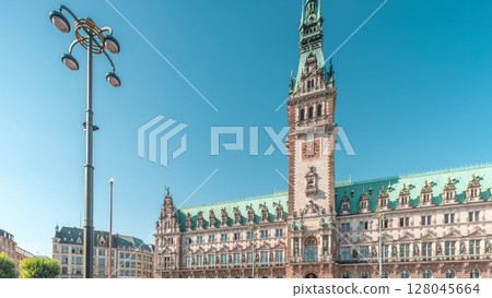 Panorama showing a building of the Hamburg City Hall timelapse, the seat of the government of Hamburg, Germany Panorama showing a building of the Hamburg City Hall timelapse, the seat of the government of Hamburg, Germany 128045664