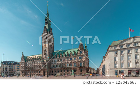 Panorama showing a building of the Hamburg City Hall timelapse, the seat of the government of Hamburg, Germany 128045665