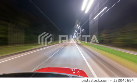 Drivelapse from top Side of Car moving on a night highway timelapse hyperlapse 128045694