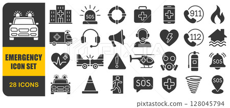 Emergency icon set. Simple minimal Emergency icons collection. Related SOS, safety, alarm, ambulance, hospital warning. Vector illustration. Isolated on white background 128045794