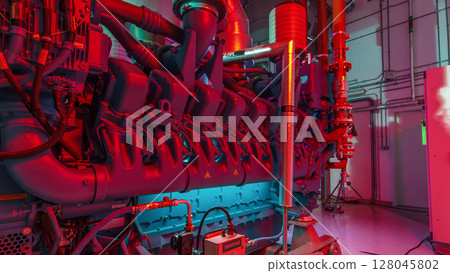 Diesel electric generator in power supply room of data center timelapse hyperlapse 128045802