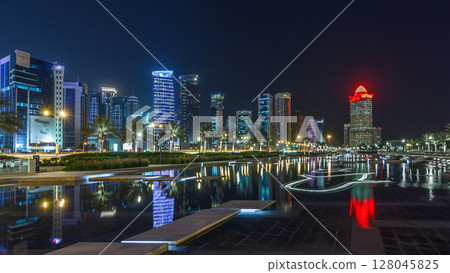 The skyline of Doha by night with starry sky seen from Park timelapse hyperlapse, Qatar 128045825