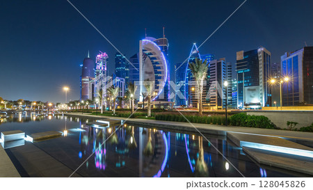 The skyline of Doha by night with starry sky seen from Park timelapse hyperlapse, Qatar 128045826